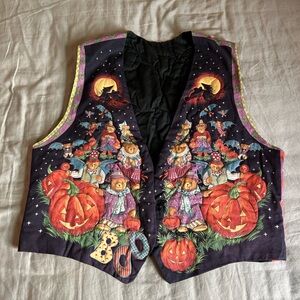 Vintage Teddy Bear BOO Halloween Vest Medium Pumpkin Bats Witch Moon Novelty